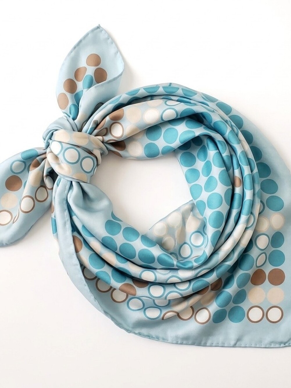 Vintage Italian Satin Scarf Aqua White Brown Circle Print MCM